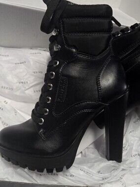 GUESS Black Lace-Up Chunky Heel Ankle Boots